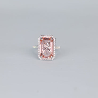 Emerald Cut Pink Morganite Ring, Moissanite Halo 14K Gold Engagement Fine Jewelry With Style