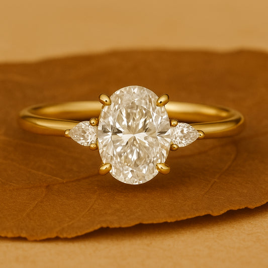 Three Stone Oval Moissanite Ring Pear Accent Engagement Bridal Anniversary Jewelry Gift Wedding Proposal Gemstone