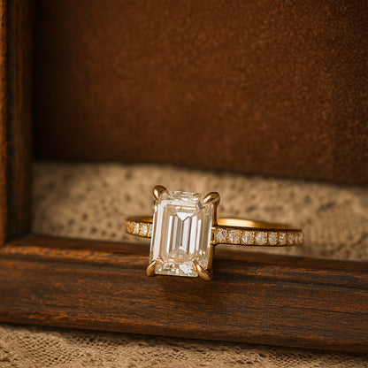 Emerald Cut Moissanite Wedding Ring For Women Featuring High Cathedral Design And Exceptional Diamond Fire