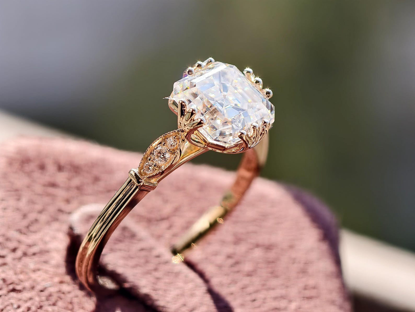 Vintage Engagement Ring Asscher Cut Moissanite Marquise Shape Outline Milgrain Ring.
