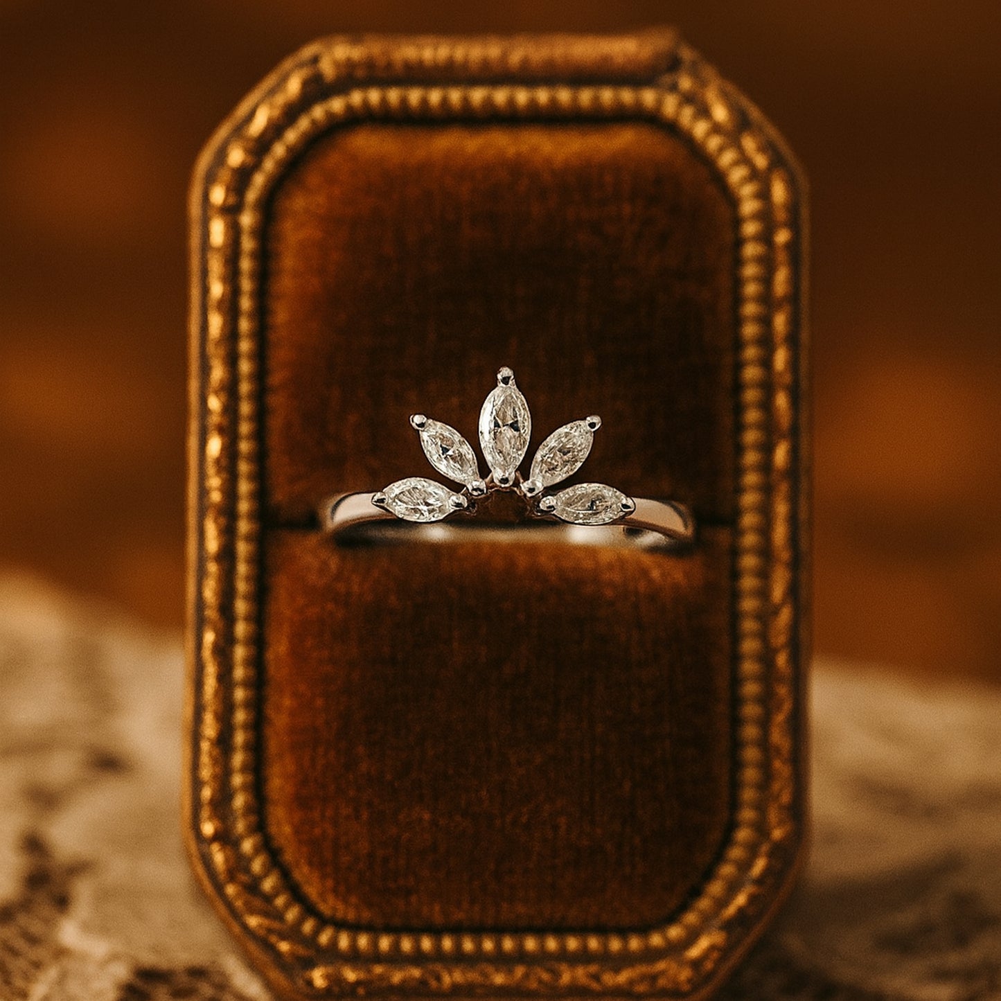 Handcrafted Marquise Cut Diamond Ring In White Gold With Delicate Leaf Cluster Design