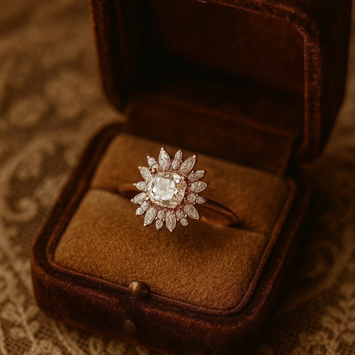 Botanical Cushion Cut Moissanite Ring With Floral Halo Marquise Diamond Petals VVS1
