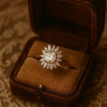 Botanical Cushion Cut Moissanite Ring With Floral Halo Marquise Diamond Petals VVS1
