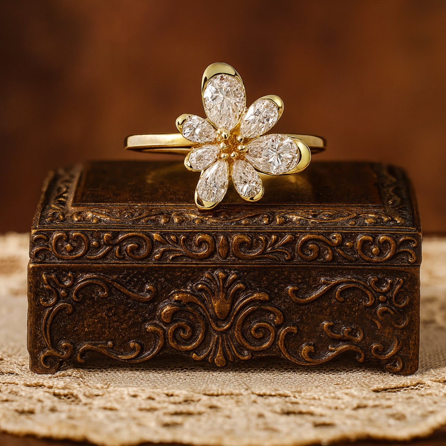 Elegant Flower Moissanite Engagement Ring In Solid Gold | Vintage Floral Petal Design For Women