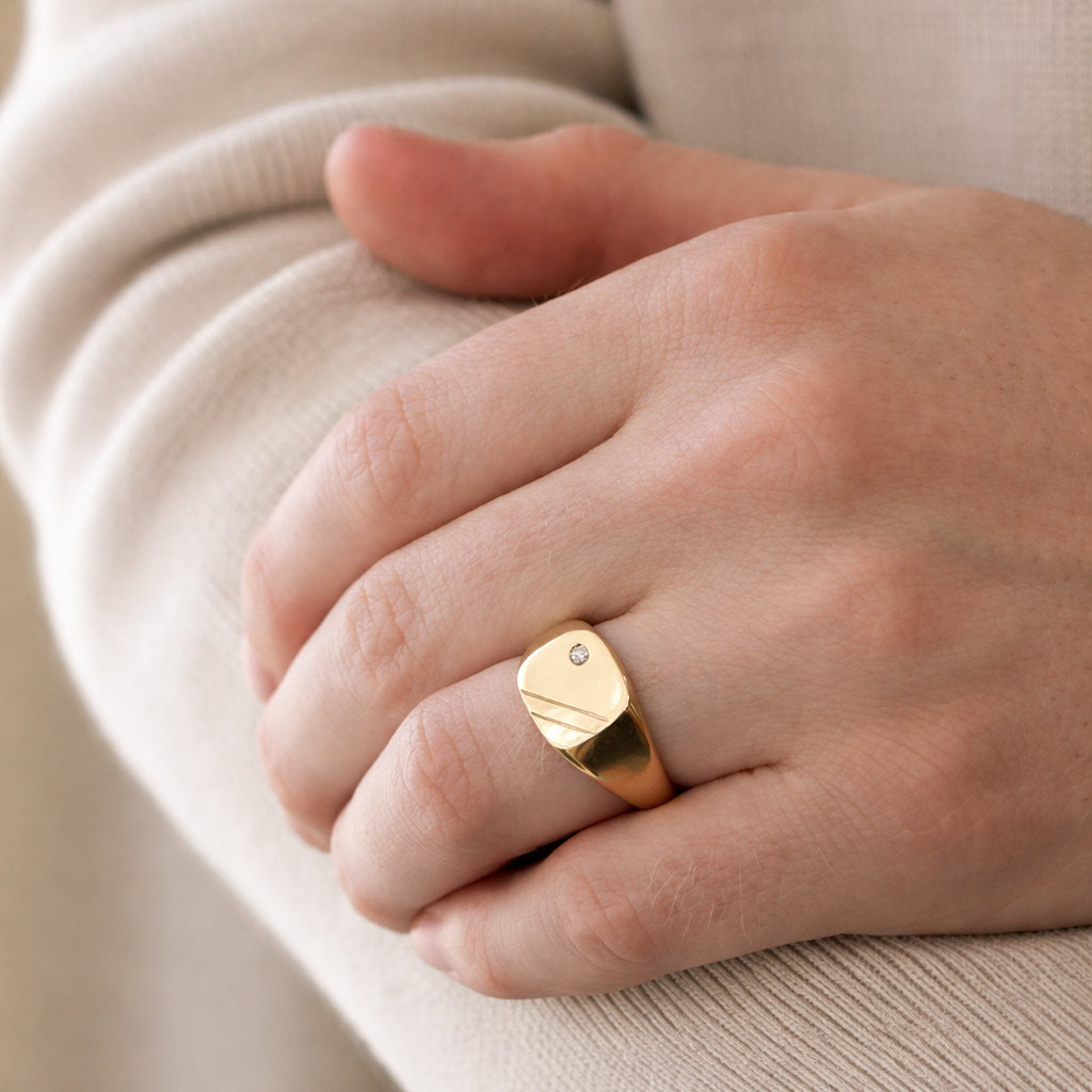 Signet Ring Men Flush Setting Ring Flush Set Diamond Or Moissanite Gold.
