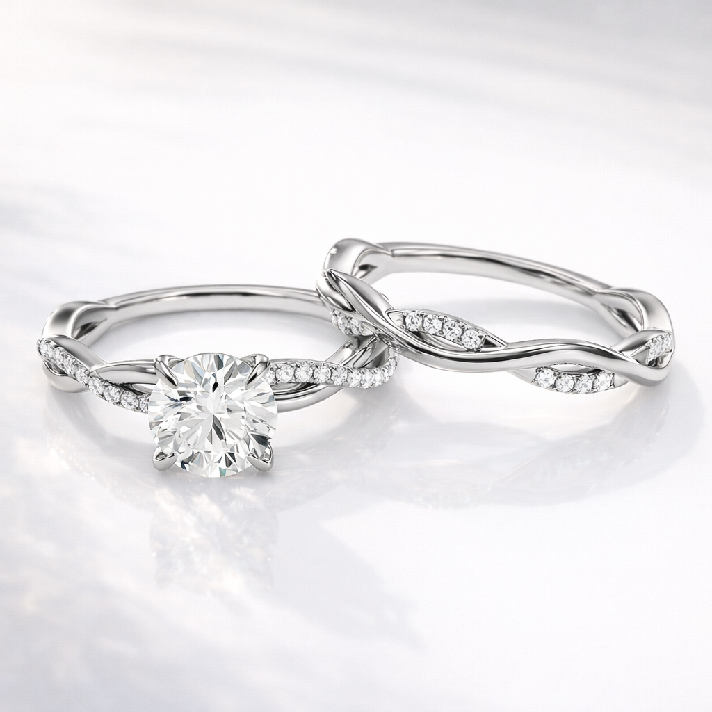 Yellow gold twisted diamond ring bridal set
