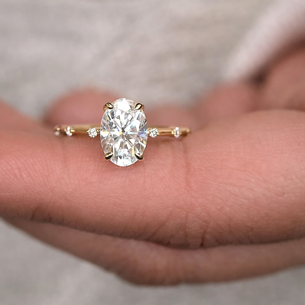 Yellow Gold Engagement Ring 1.5 Carat Oval Diamond Side Stone Ring.
