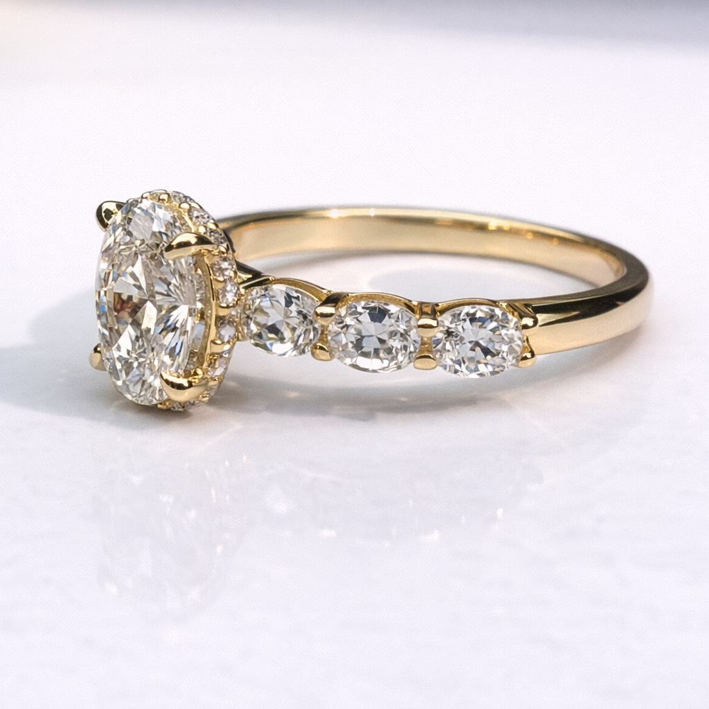 Oval Cut Side Stone Round Cut Hidden Halo Ring Custom Jewelry.
