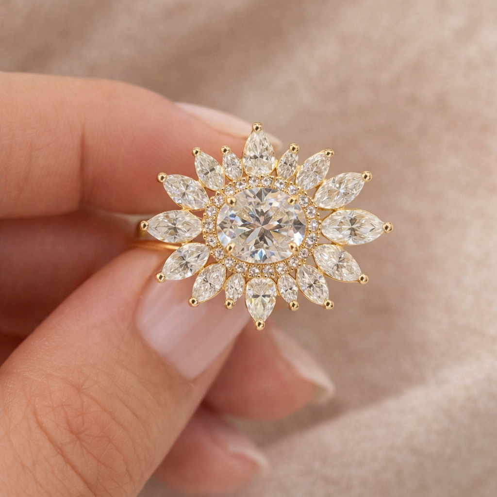 Cluster Diamond Engagement Ring Round Cut Halo Setting Diiro Ring.
