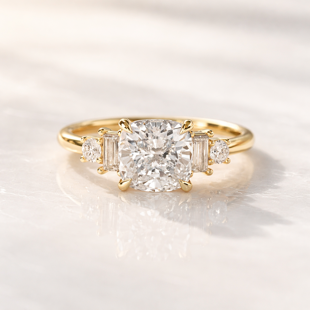 5 Stone Diamond Ring With Cushion Cut Center And 2 Round Cut Side Stones
