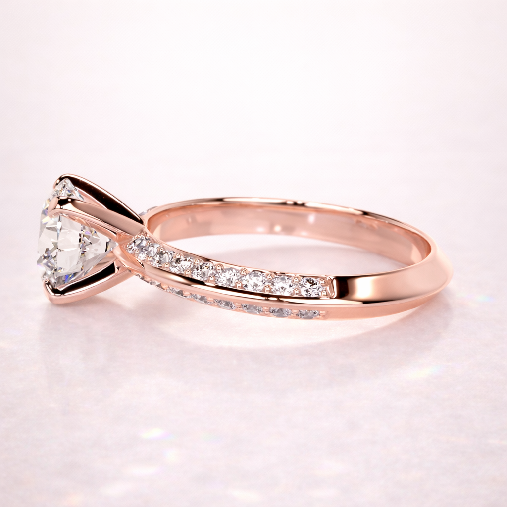 Knife Edge Engagement Ring With Two Side Round Cut Pave Band
