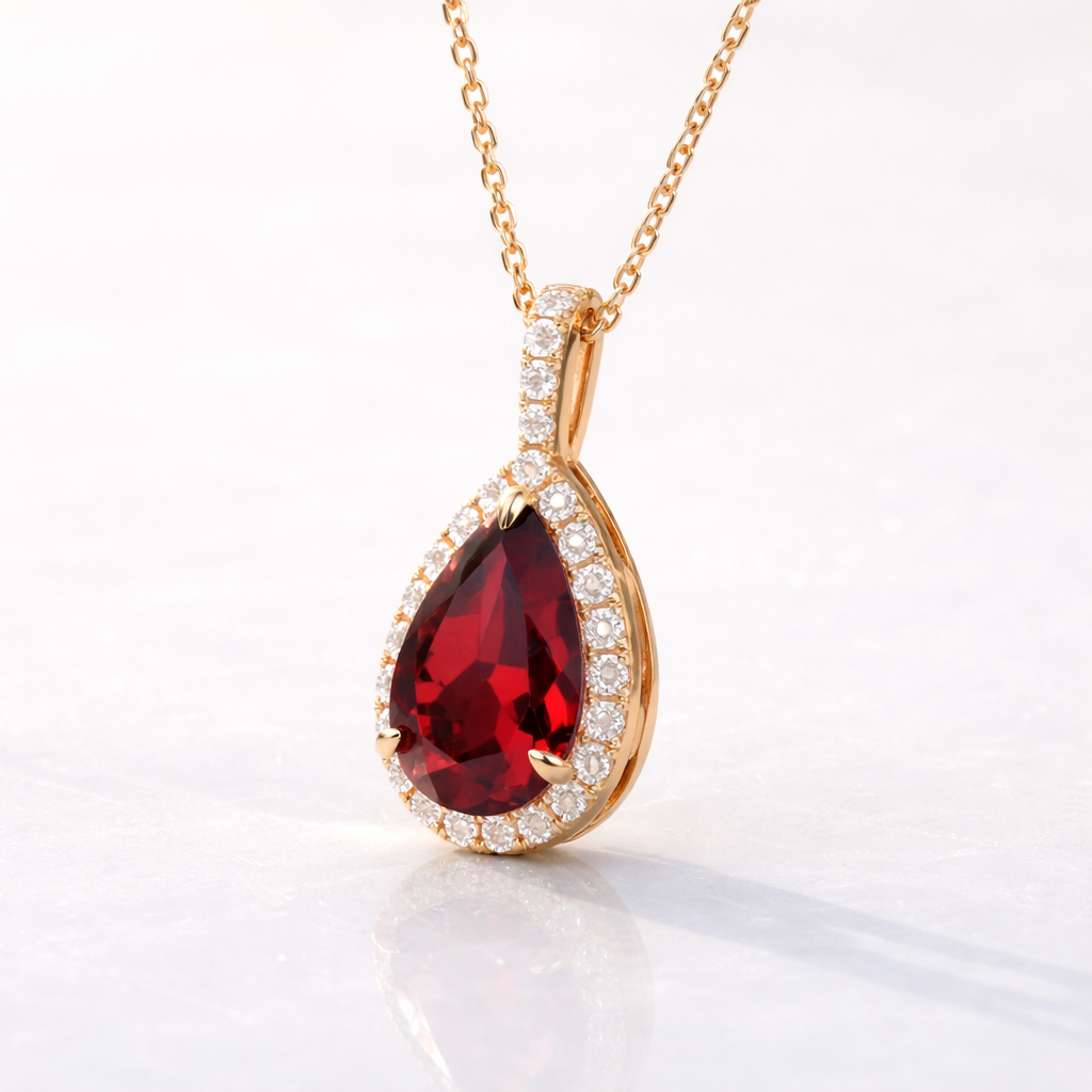 Luxury Diamond Pendant Halo With Garnet Pendant In Teardrop Pendant Halo Setting Rose Gold Custom Lab Grown Diamond Diiro Pendant
