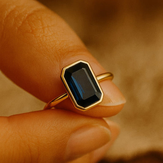 Emerald Cut Blue Sapphire Ring In Yellow Gold, Birthstone Promise Fine Jewelry With Deep Blue Color And Elegance