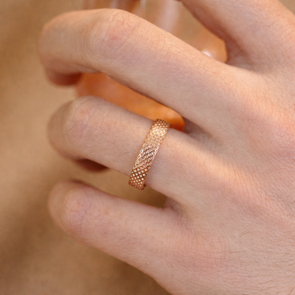 Lattice Pattern Gold Mens Band Geometric Texture Gold Ring Luxury Men’s Ring.
