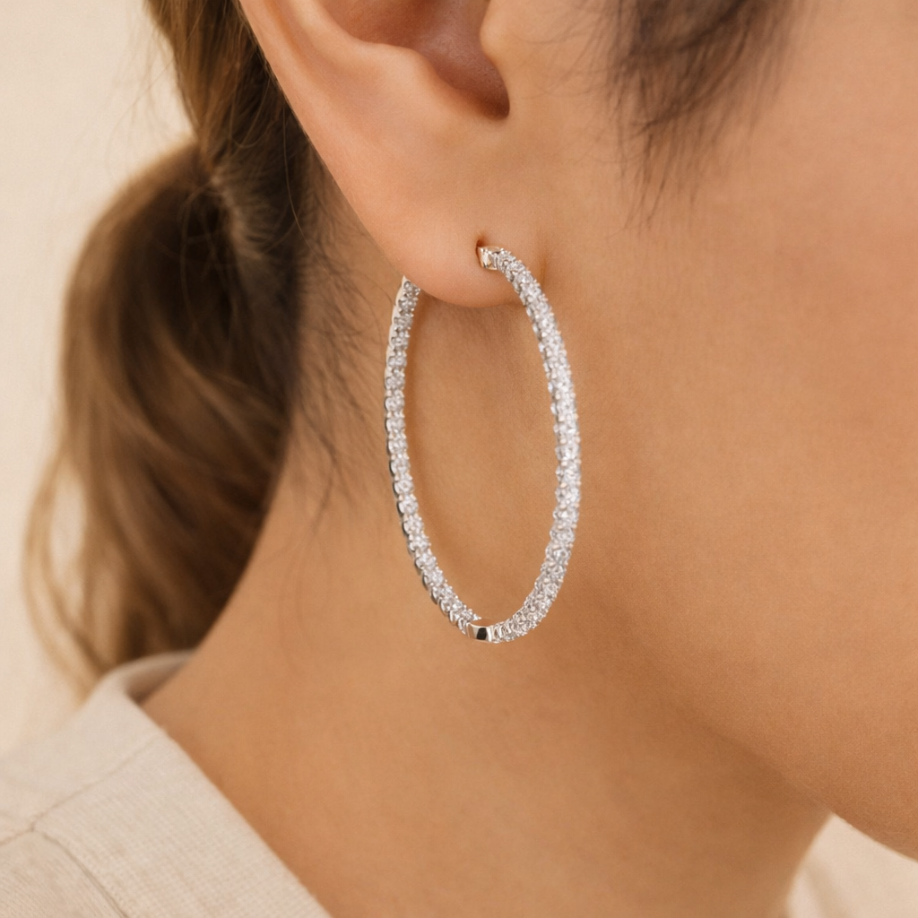 Round Cut Diamond Hoop Earrings For Women Classic Look
