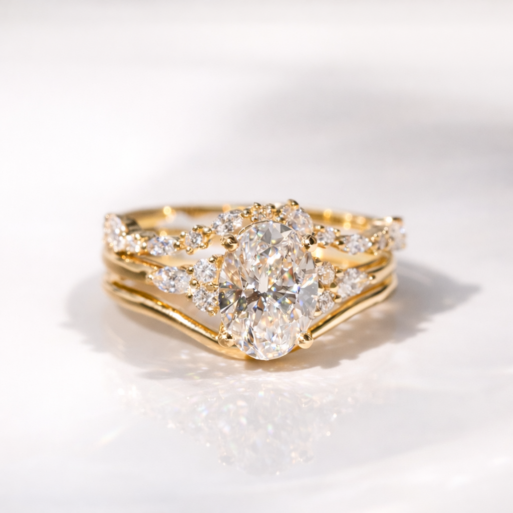 Moissanite Bridal Ring Set With Oval Engagement Ring Wedding Band
