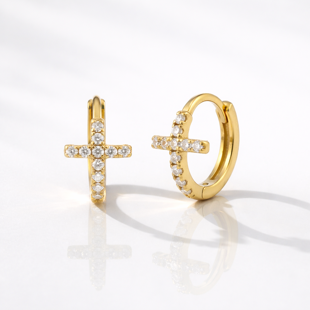Cross Earrings Gold Cross Earrings Round Cut Diamond Earrings
