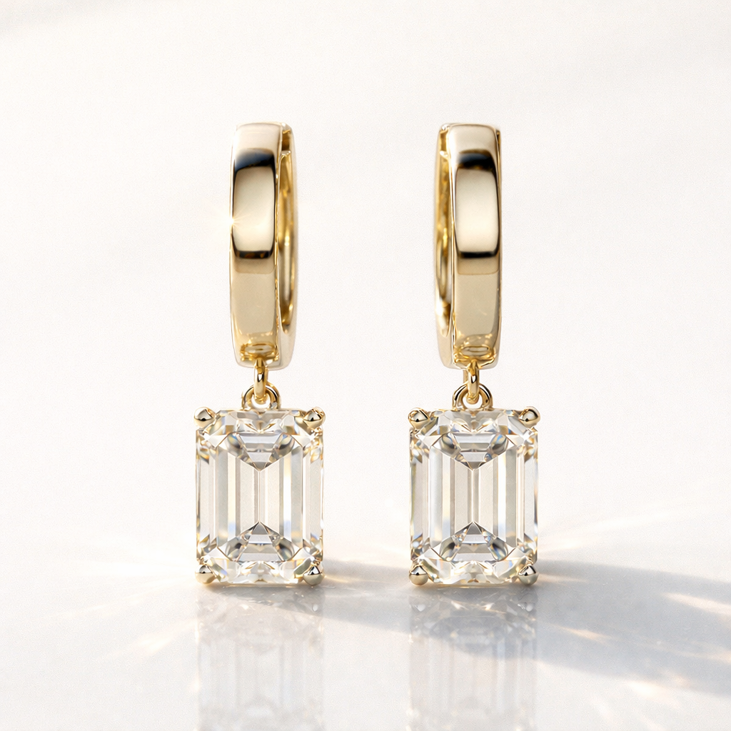 Moissanite Emerald Cut Diamond Drop Earrings In Gold
