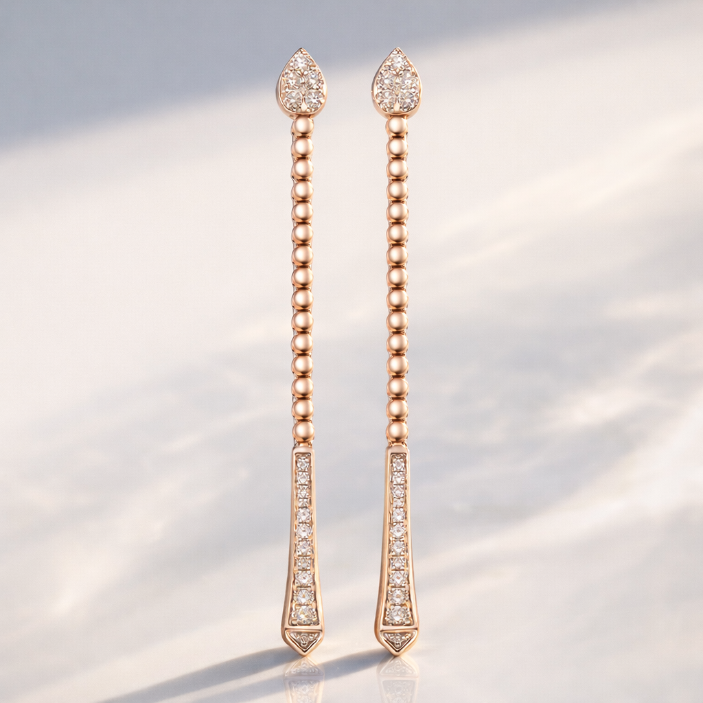 Round Cut Diamond Long Drop Earrings Luxury Gold Design
