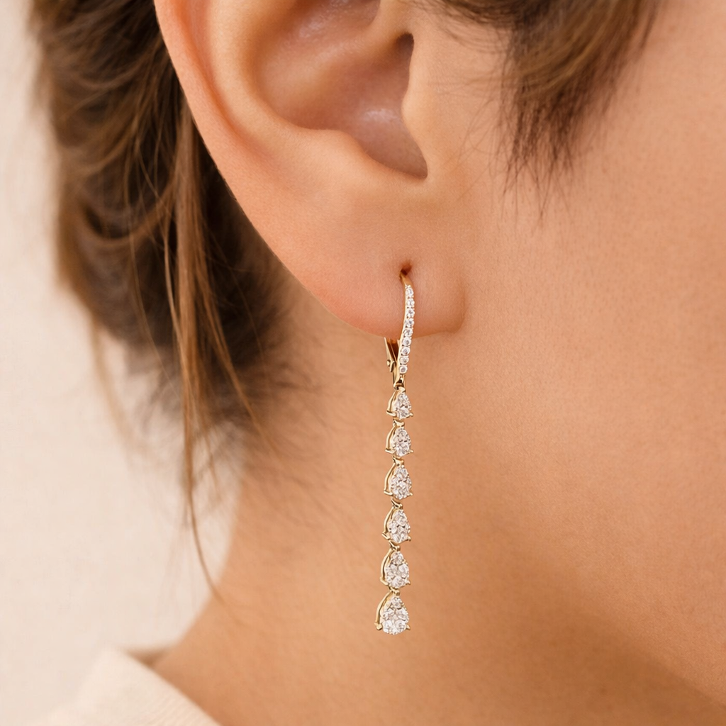 Gold Long Drop Earrings With Round Cut Diamond Prong Setting
