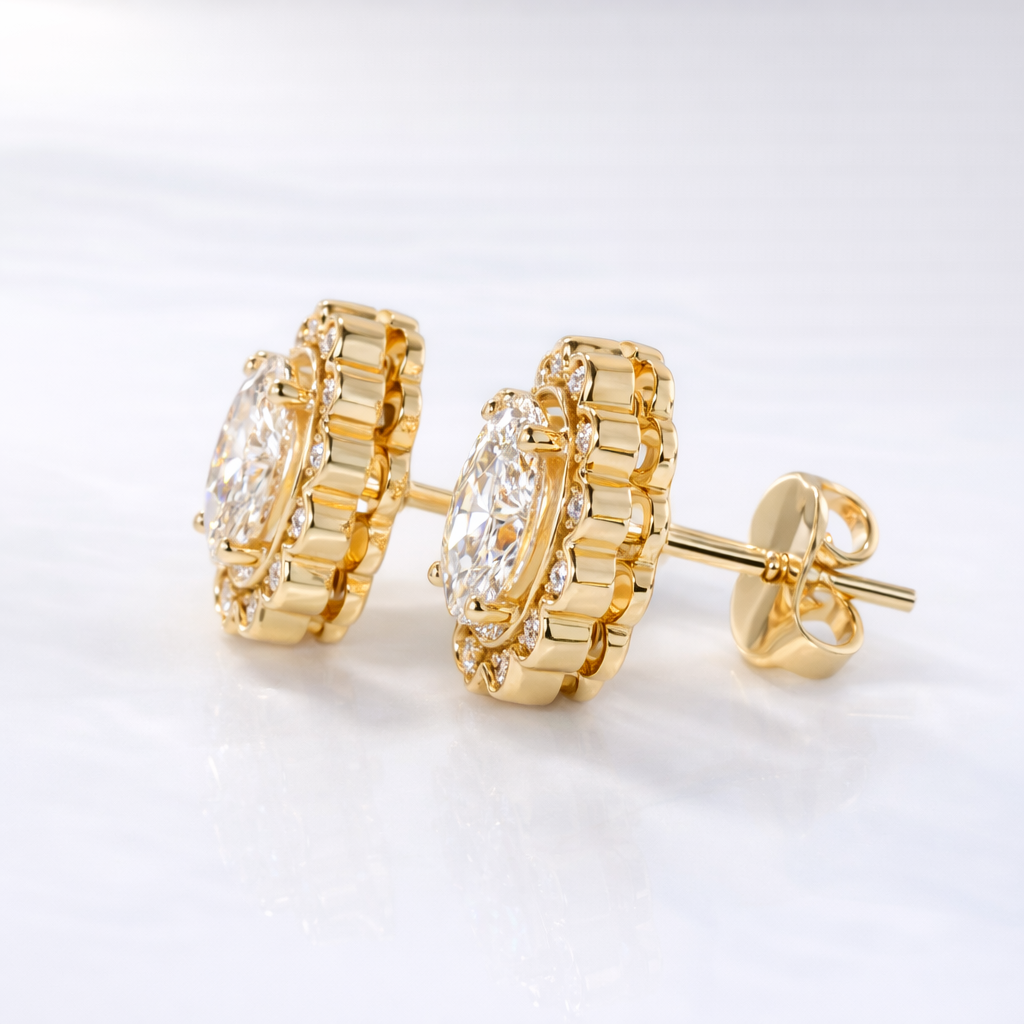 White Gold Diamond Stud Earrings Oval Shape
