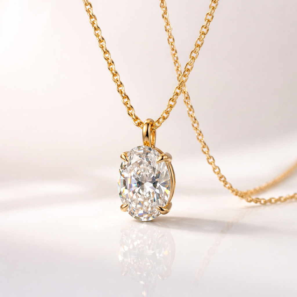 Oval Lab-Grown Diamond Pendant In Yellow Gold With 4-Prong Design.
