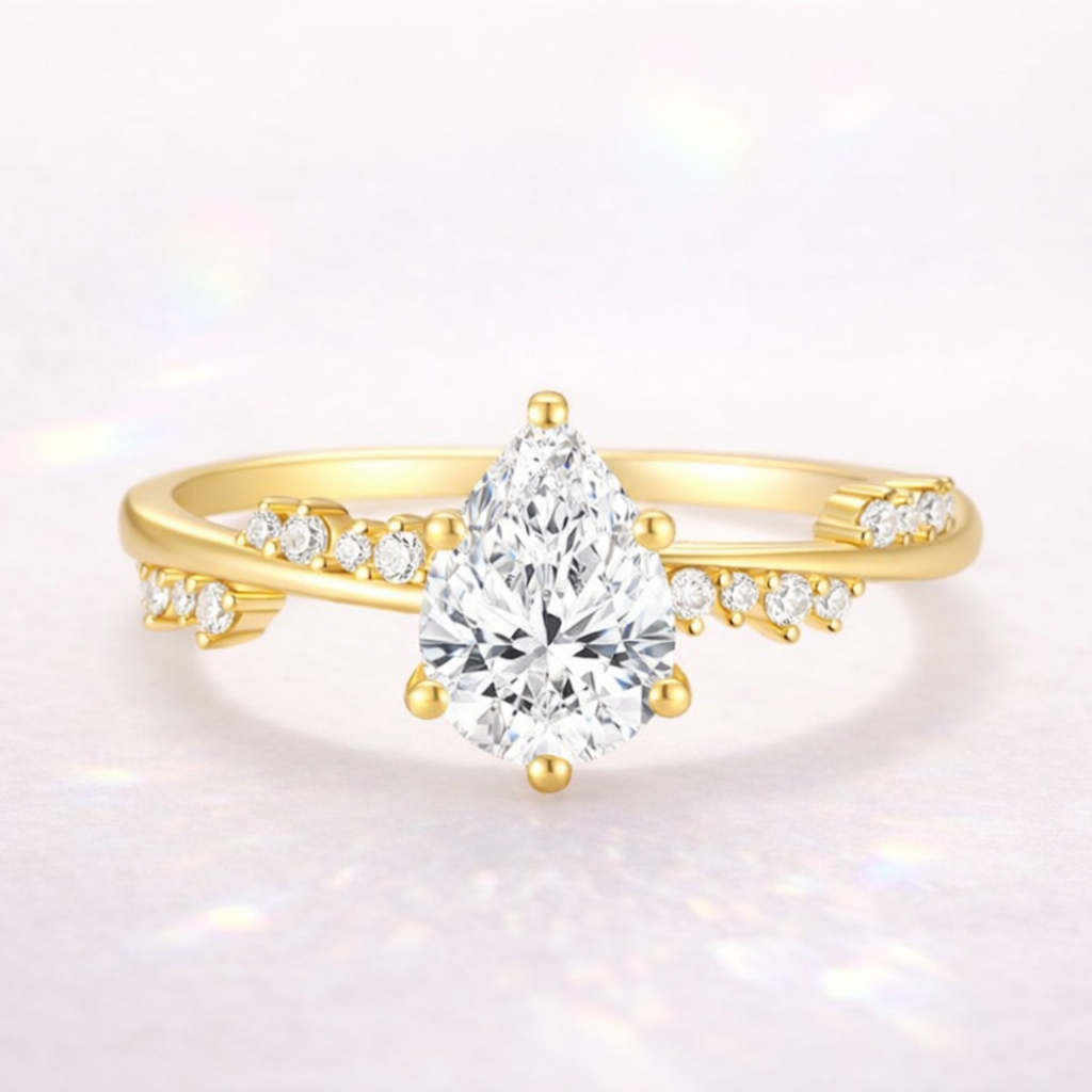 Gold Pear Cut Engagement Ring Teardrop Diamond Center Stone Nature Inspired Ring.
