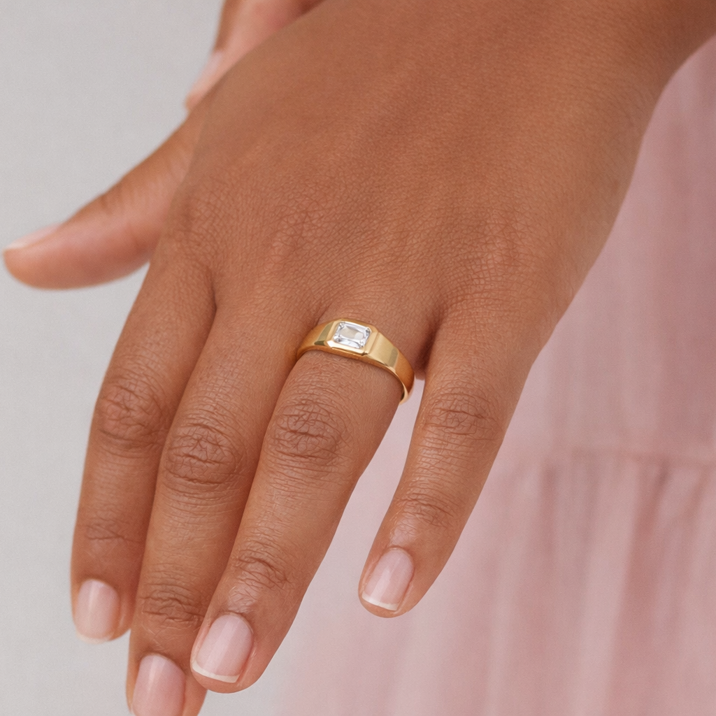 Emerald Cut Diamond Signet Ring Gold Signet Ring Men Custom Men's Wedding Band.
