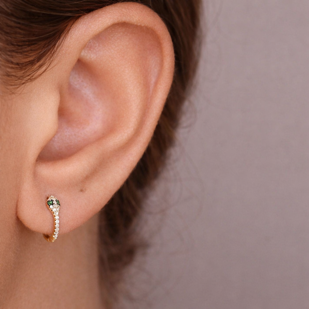 Snake Hoop Earrings Gold Emerald Diamond Hoop Earrings
