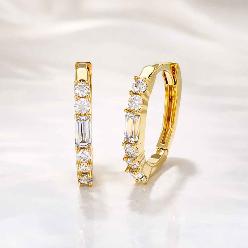 14k Gold Hoop Earrings Round And Baguette Cut Diamond
