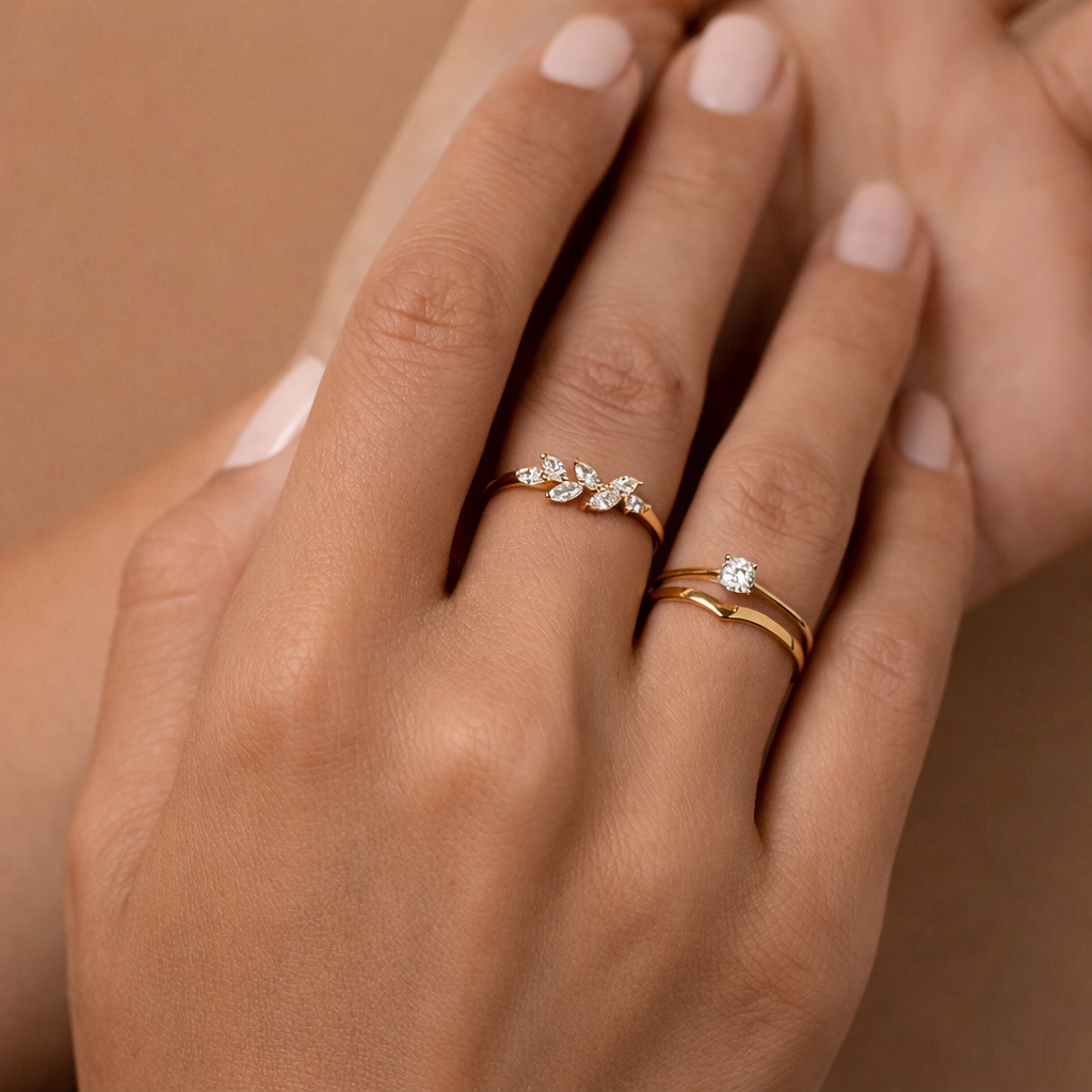 Gold Leaf Wedding Band With Prong Set Diamonds
