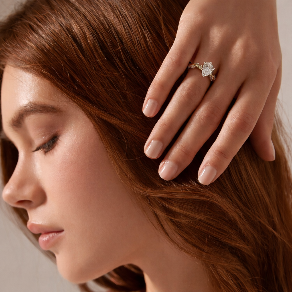 Gold Pear Cut Engagement Ring Teardrop Diamond Center Stone Nature Inspired Ring.
