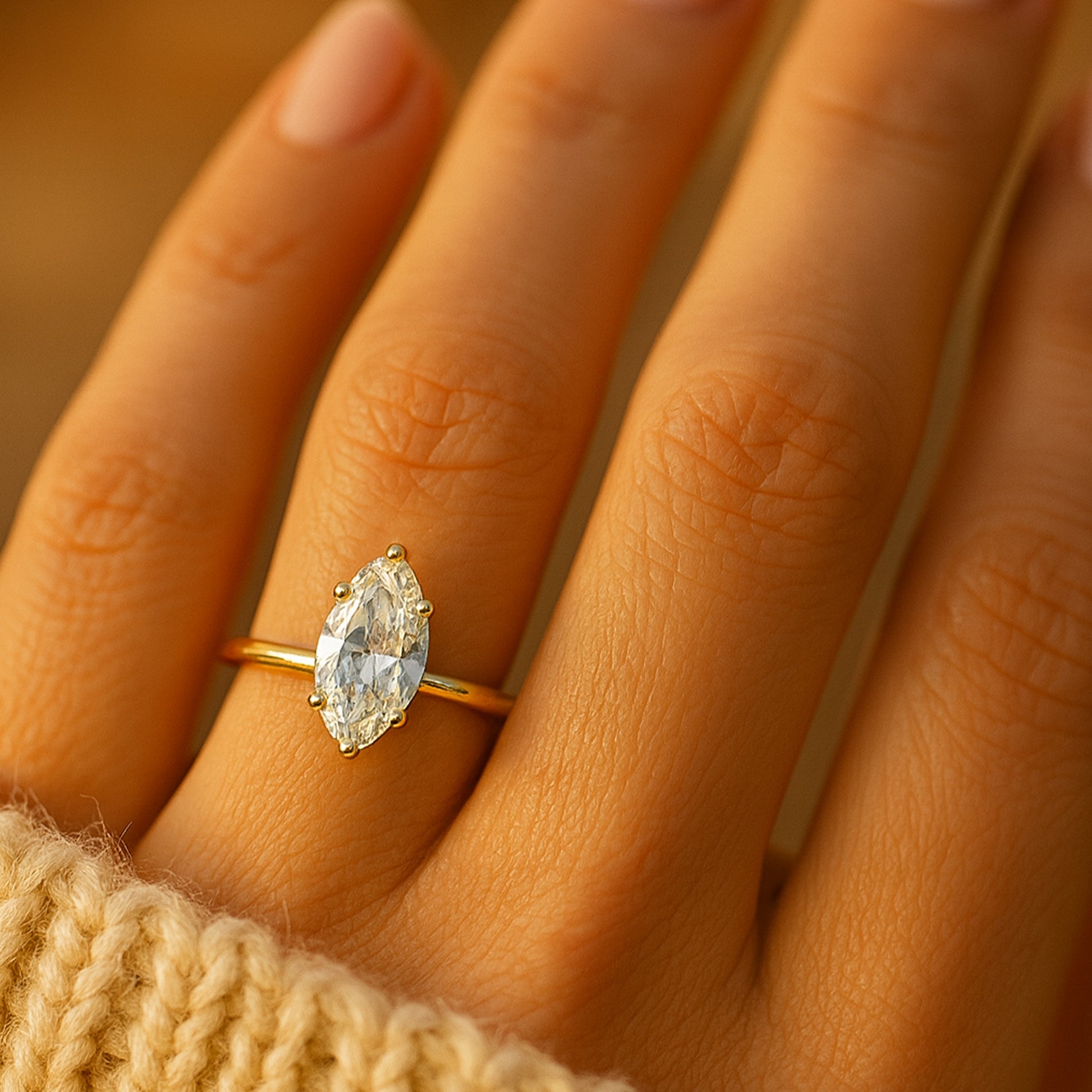 Beautiful Marquise Cut Moissanite Ring For Her With Diamond-Like Fire In Minimal Gold Setting.