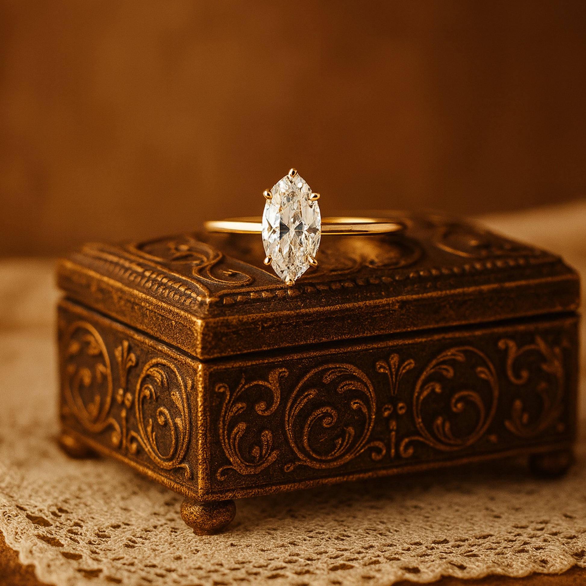 Luxury Gold Moissanite Engagement Ring With Marquise Shape And Diamond-Like Glow For Brides.