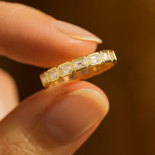 Gold Baguette Diamond Band Modern Eternity Ring Harmony Band - Alternating Diamond & Emerald Ring