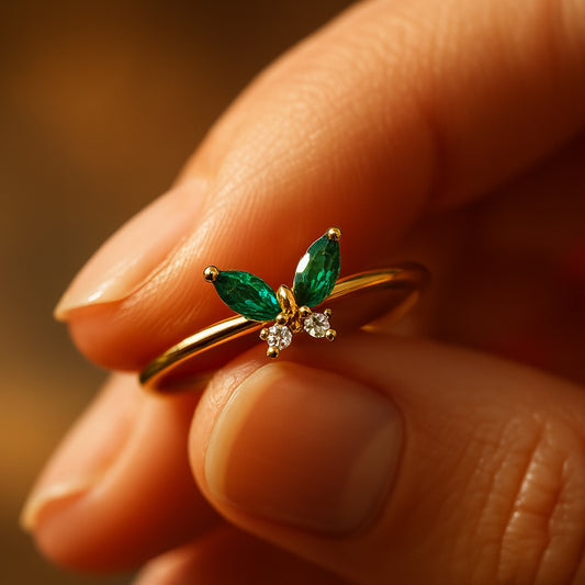 Emerald and Diamond Accents Delicate Nature-Inspired Jewelry Rings
