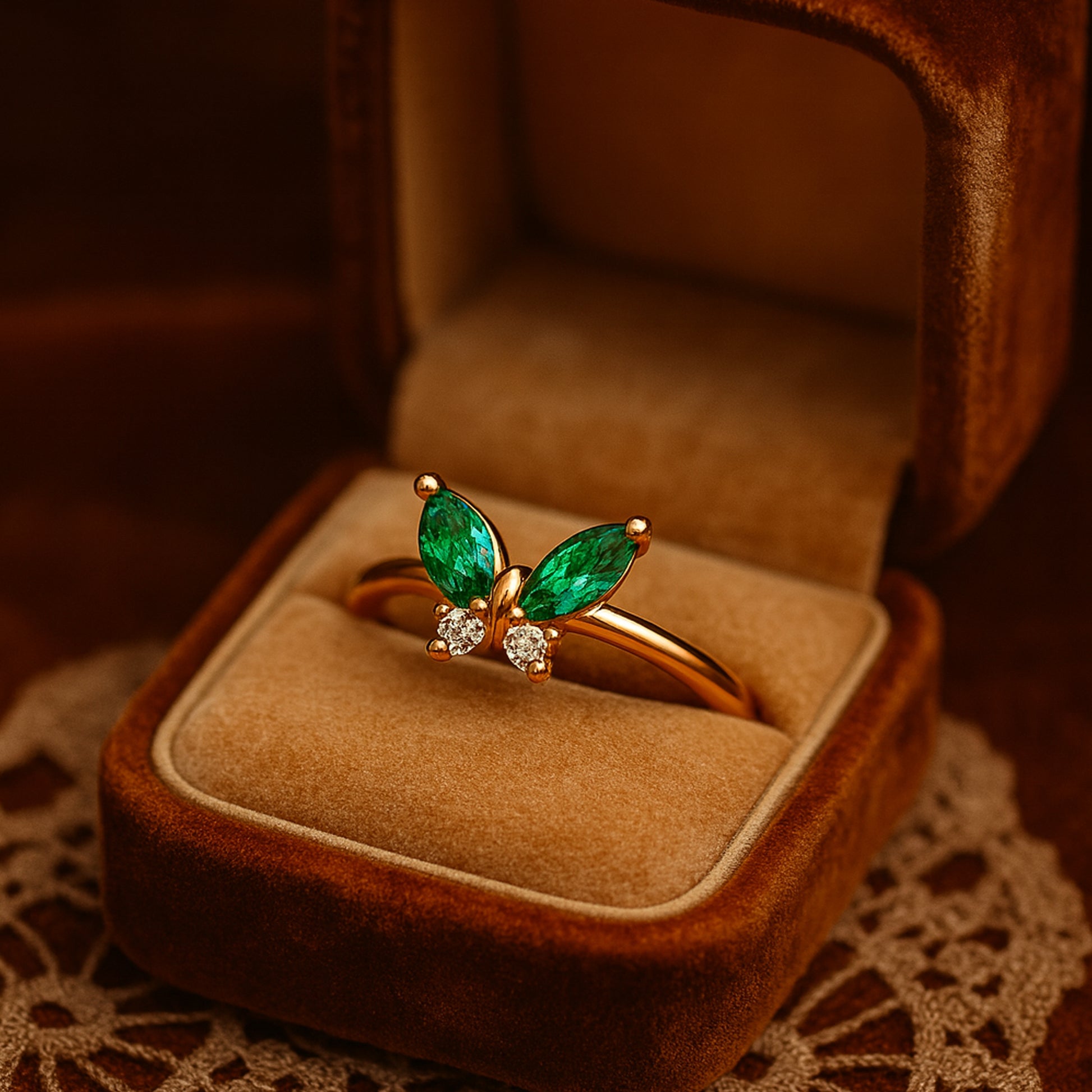 Emerald and Diamond Accents Delicate Nature-Inspired Jewelry Rings

