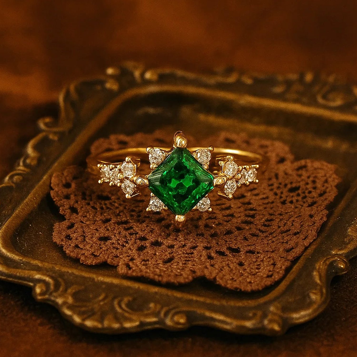 Elegant Princess Cut Green Emerald Ring In 18K Yellow Gold With Brilliant Round Accent Diamonds.