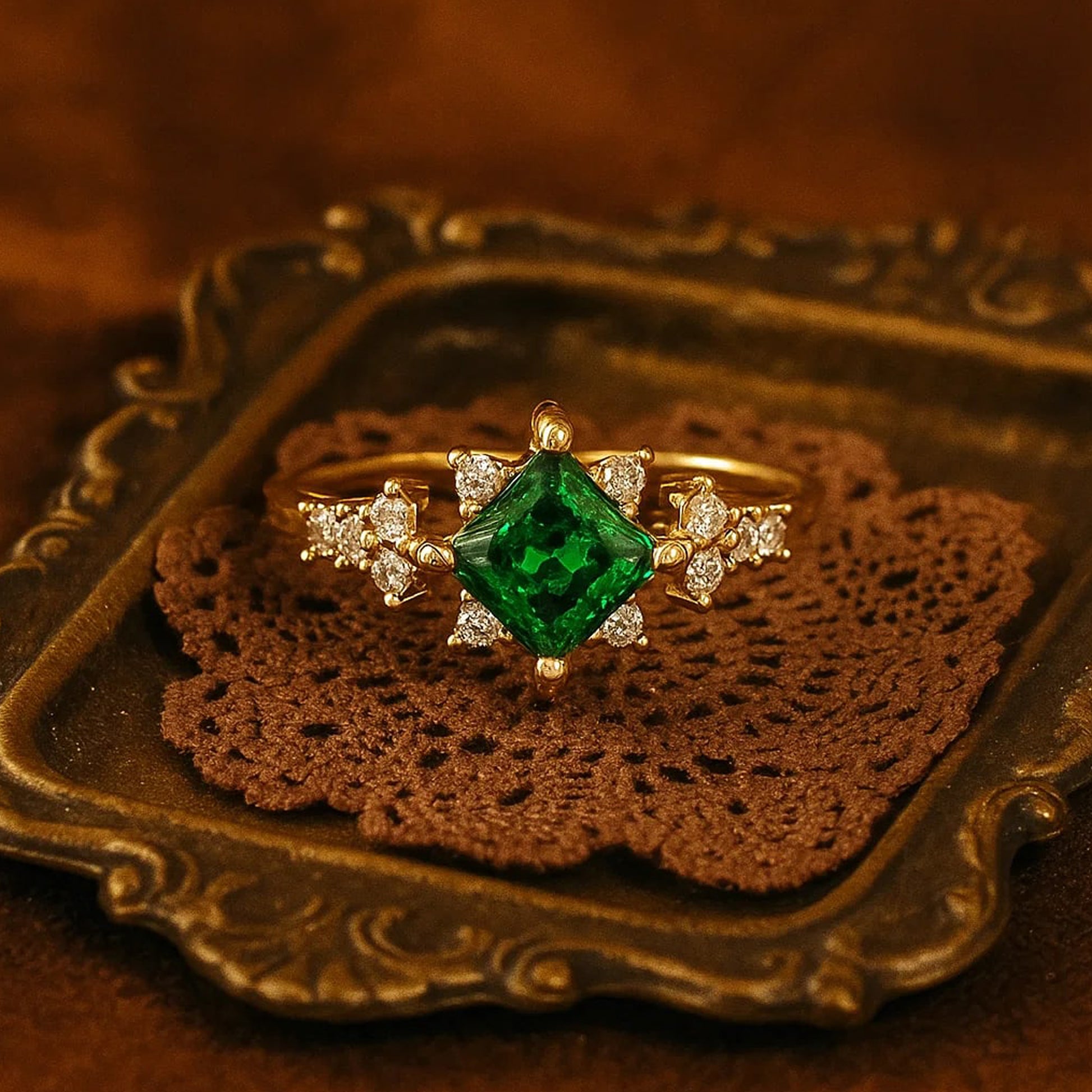 Elegant Princess Cut Green Emerald Ring In 18K Yellow Gold With Brilliant Round Accent Diamonds.