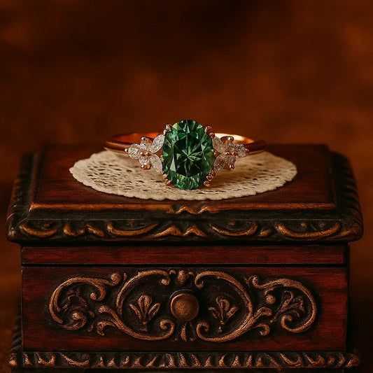 2ct Oval Green Moissanite Engagement Ring With Marquise Diamond Cluster Accents In Rose Gold VVS1
