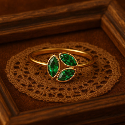 1.50 CT Green Lab Diamond Leaf Ring With Three Marquise Stones In 18K Gold - Diiro Nature Inspired Jewelry