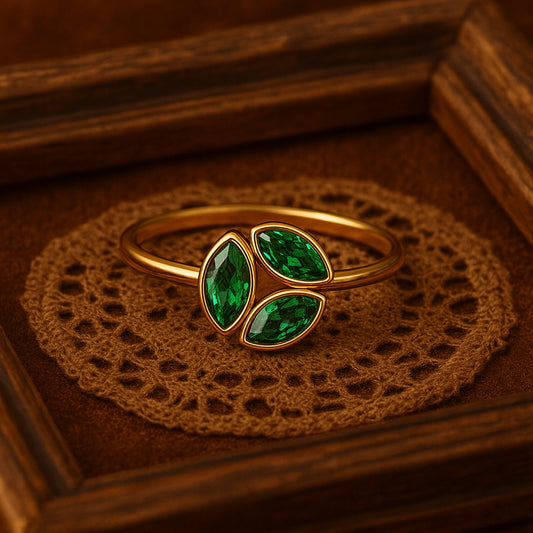 1.50 CT Green Lab Diamond Leaf Ring With Three Marquise Stones In 18K Gold - Diiro Nature Inspired Jewelry