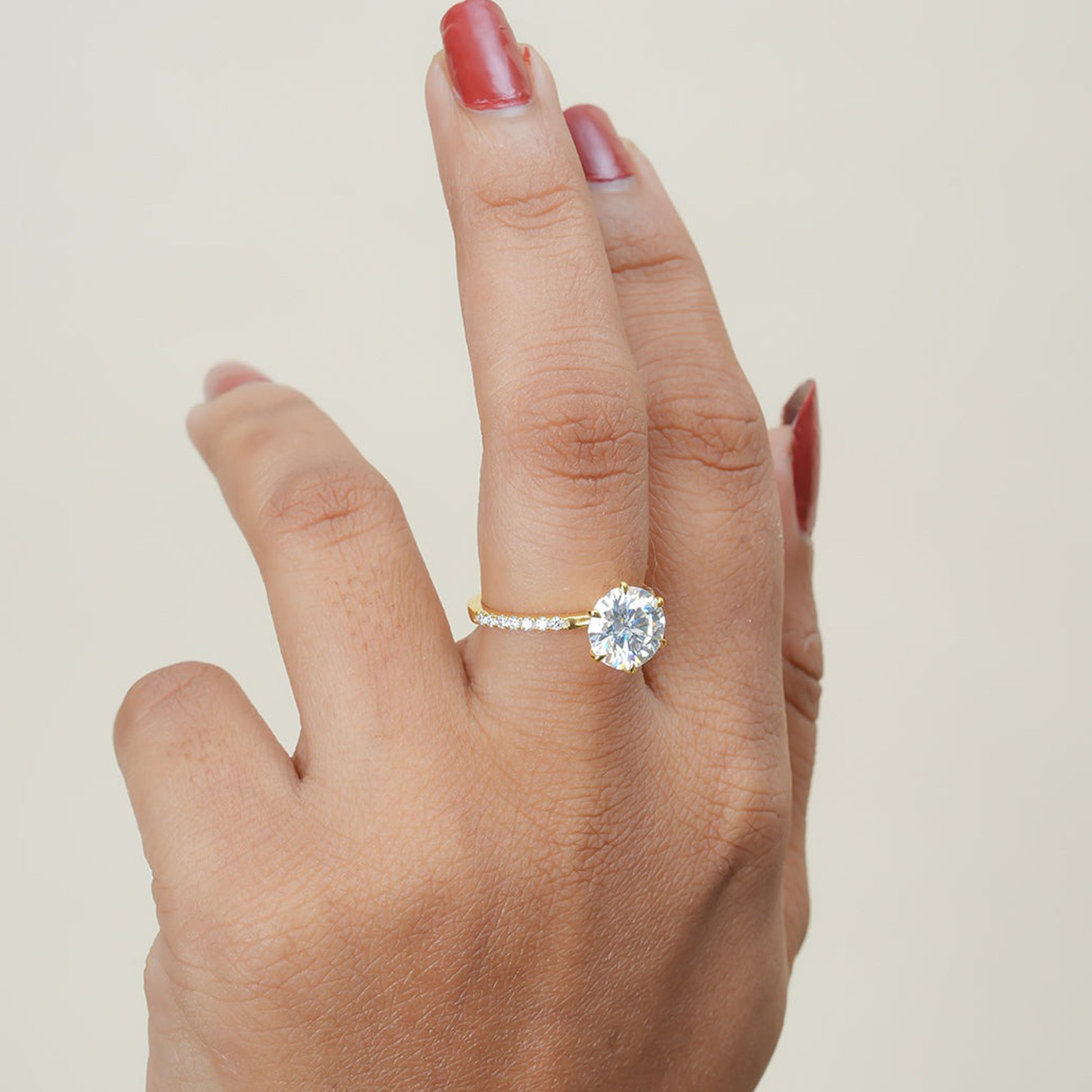 Engagement Round Cut Ring, Moissanite Pave Band 10K Yellow Gold Fine Jewelry With Glamour