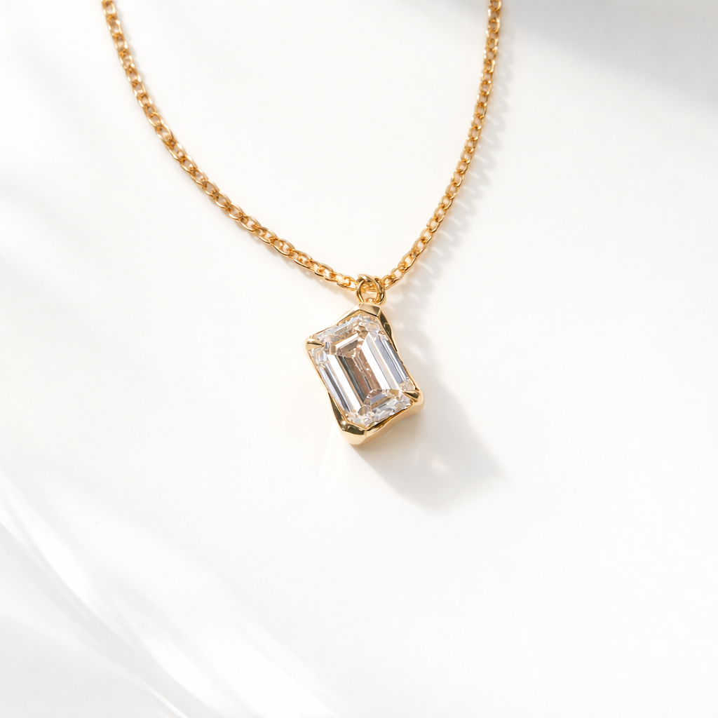 Emerald Cut Diamond Pendant 2 Claw Prong Setting Yellow Gold Pendant
