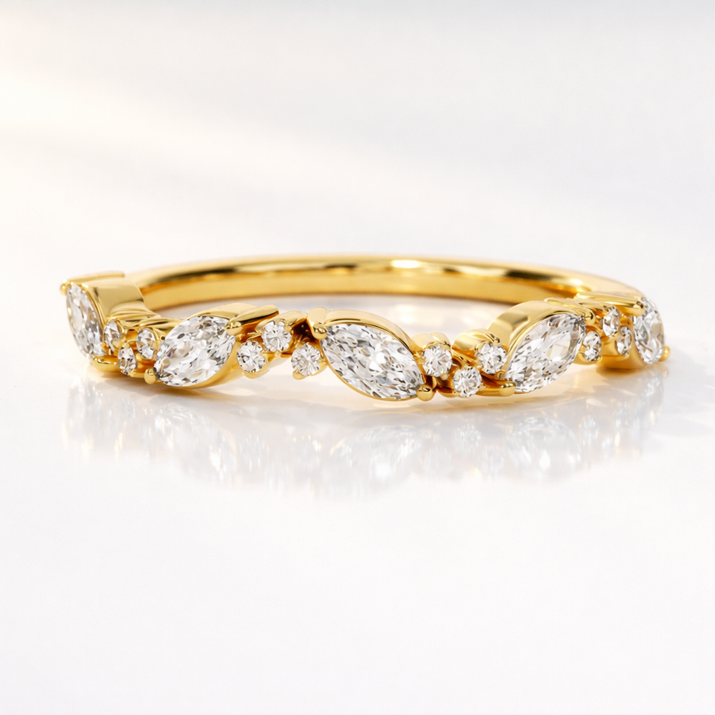 Half eternity wedding band with marquise and round diamonds

