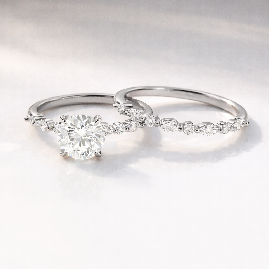 Pave engagement ring with half eternity wedding band
