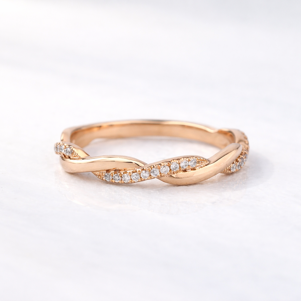 Infinity Band Wedding Ring With Round Cut Diamonds In Rose Gold

