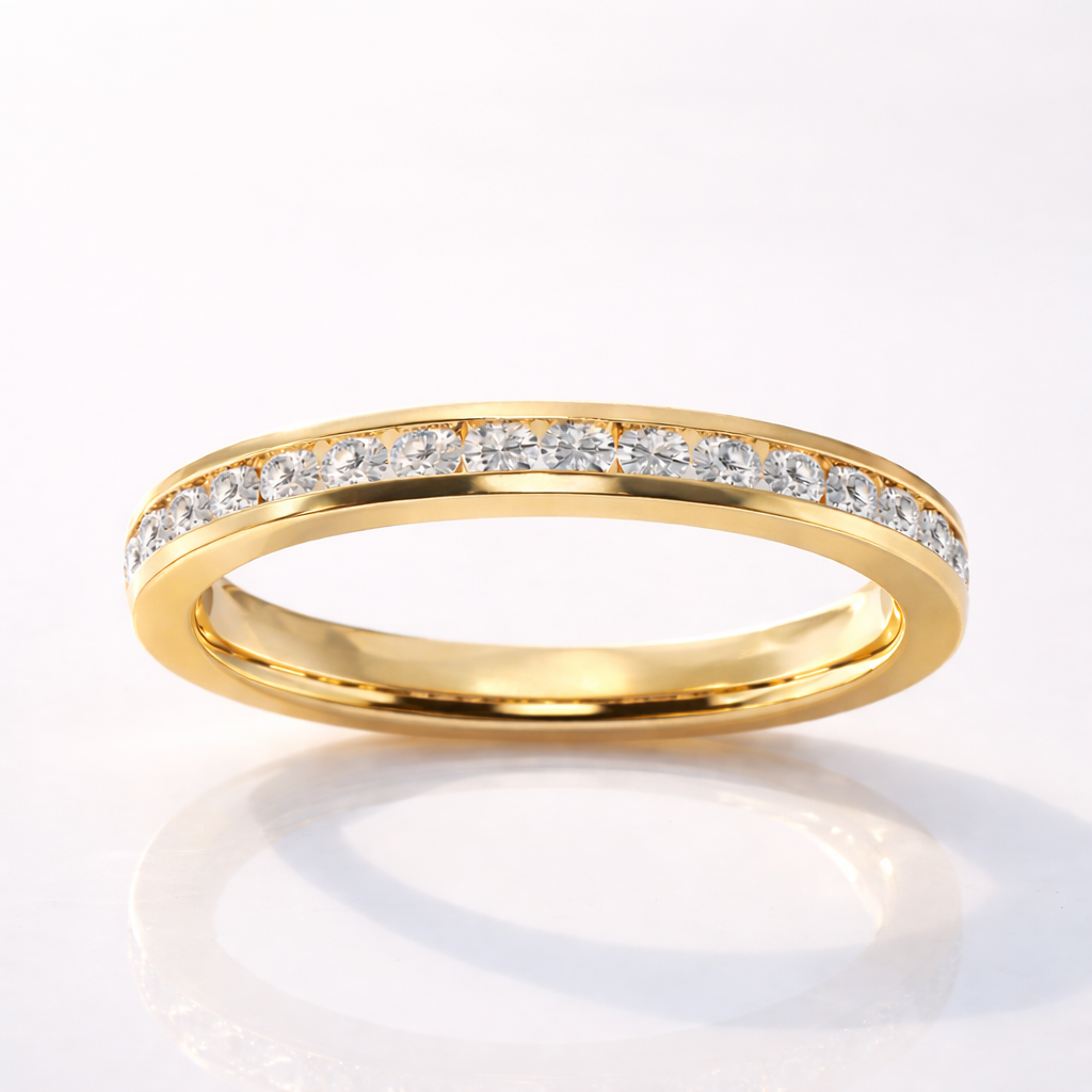 Channel Set Round Diamond Half Eternity Wedding Band In Yellow Gold
