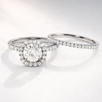 White gold halo diamond ring with matching band
