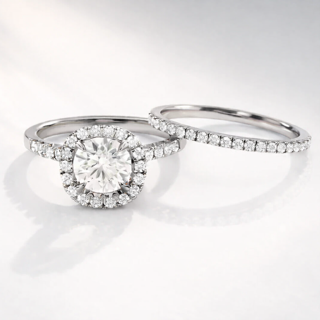 White gold halo diamond ring with matching band
